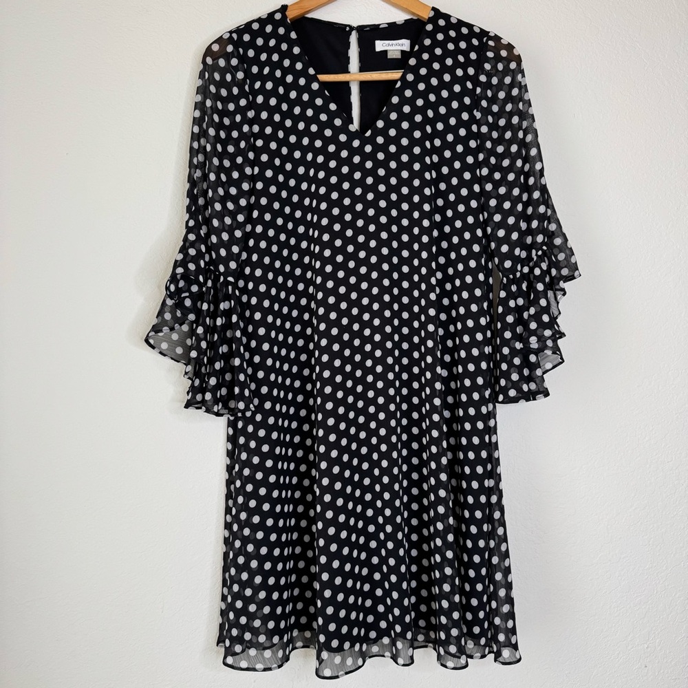 Calvin Klein Fan Sleeve Chiffon Polka Dot Dress